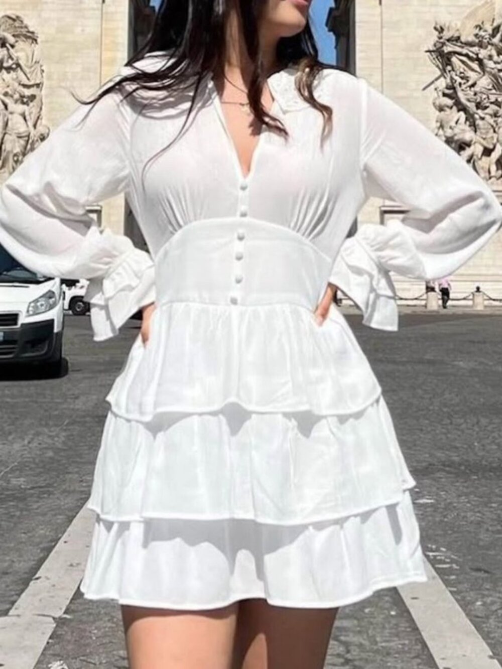 Zara Embroidered Peter Pan Collar Tiered Long-Sleeve Mini Dress M